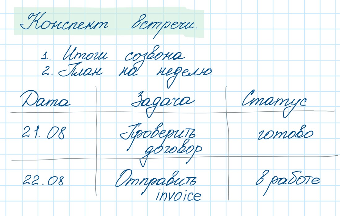 Рукописный конспект встречи с нумерованным списком и таблицей